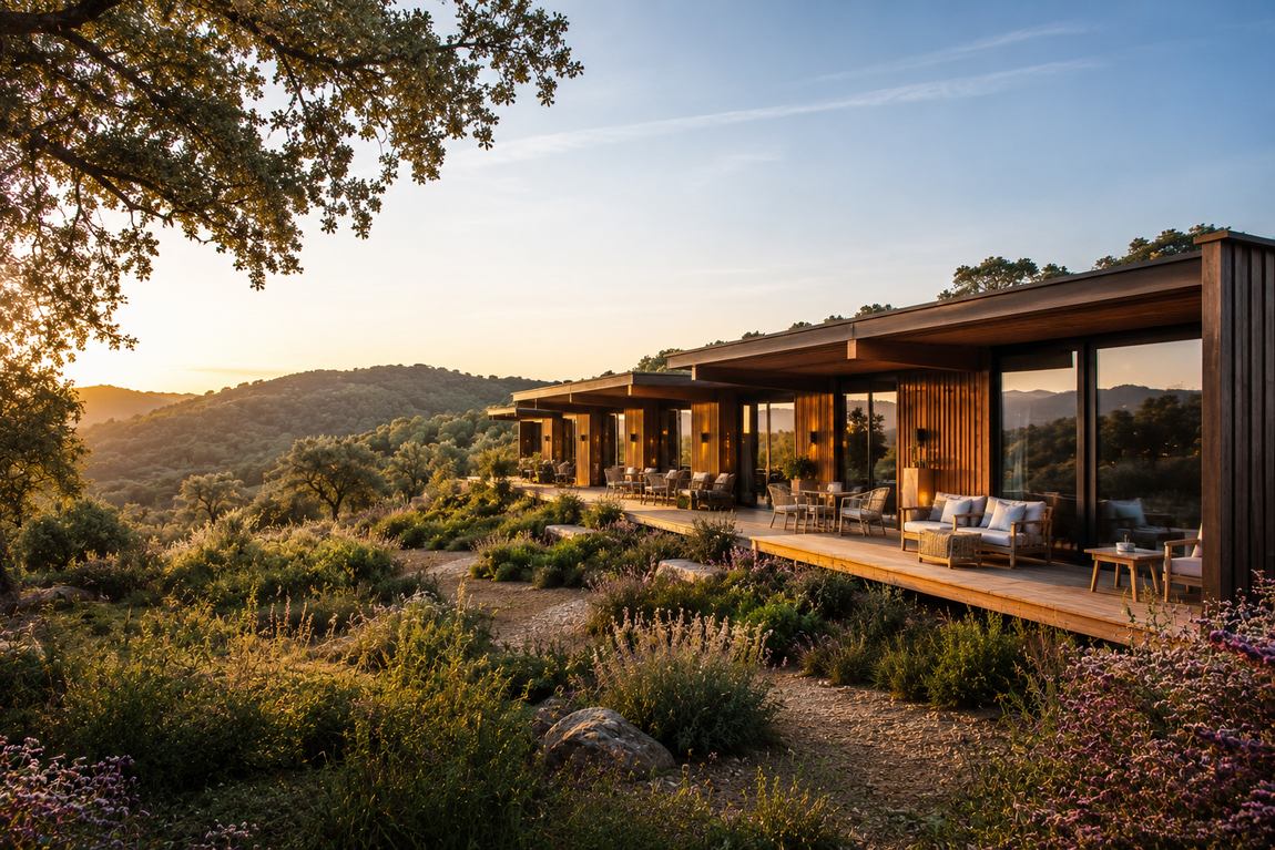 Eco lodge van hout met groot terras en uitzicht over de heuvels