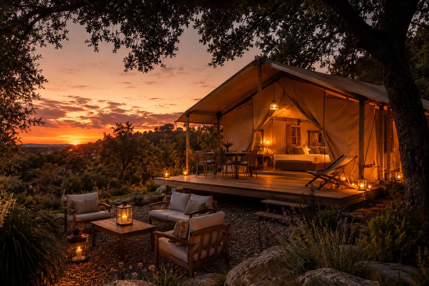 Glampingtent bij zonsondergang met lantaarns op de Quinta