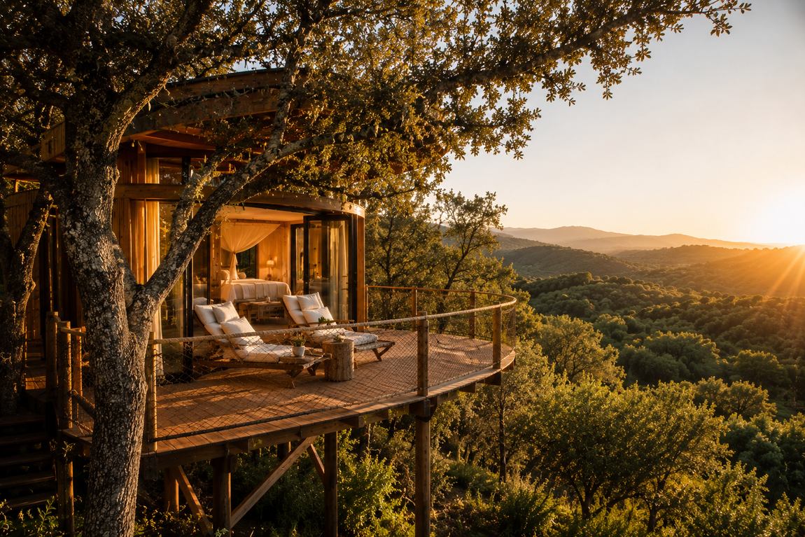 Luxe boomhut op palen met rond terras en uitzicht over de vallei